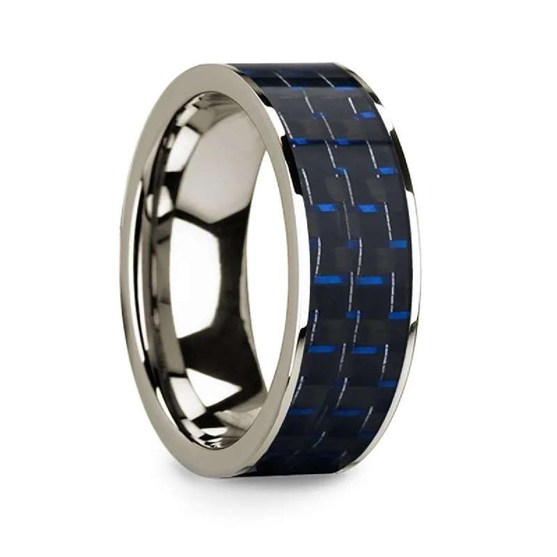 vintage engagement rings-Blue & Black Carbon Fiber Inlaid Polished 14k White Gold Men’s Flat Wedding Ring - 8mm