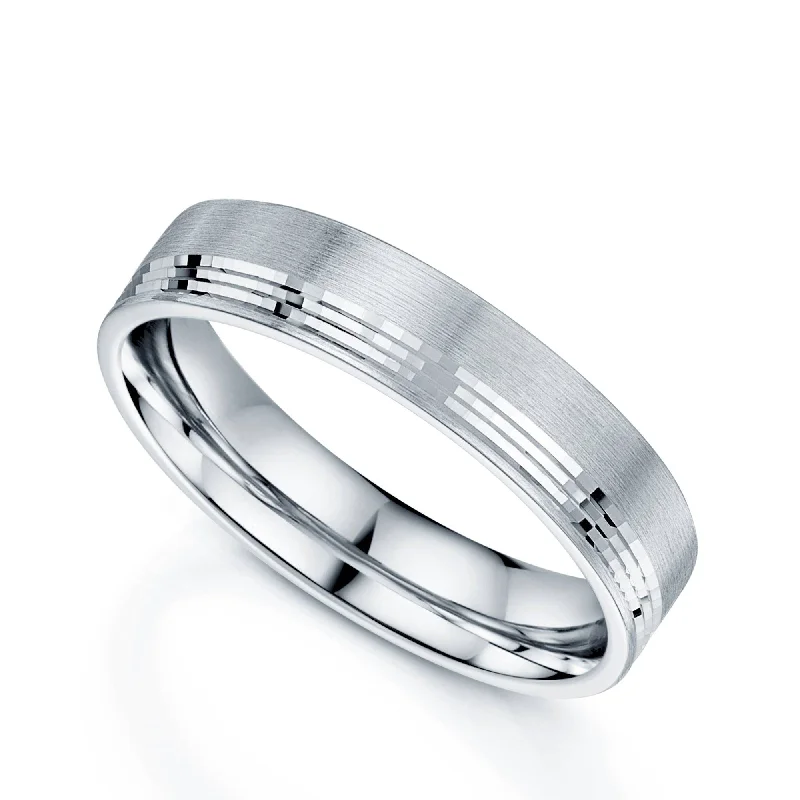 simple engagement rings-Platinum Matt Half-Lined Flat Court Wedding Ring