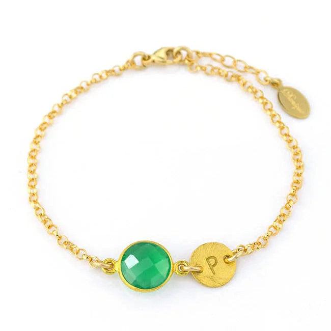 women's birthstone bracelets-Personalized Green Onyx Bracelet with Initial Charm • May Birthstone