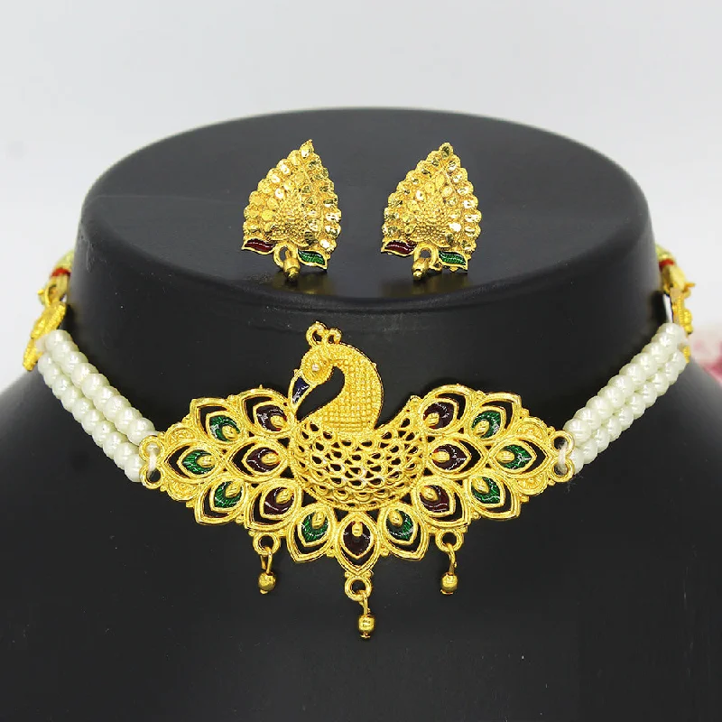 women's personalized necklaces-Mahavir DIY Gold Pearl Peacock  Choker Necklace Set