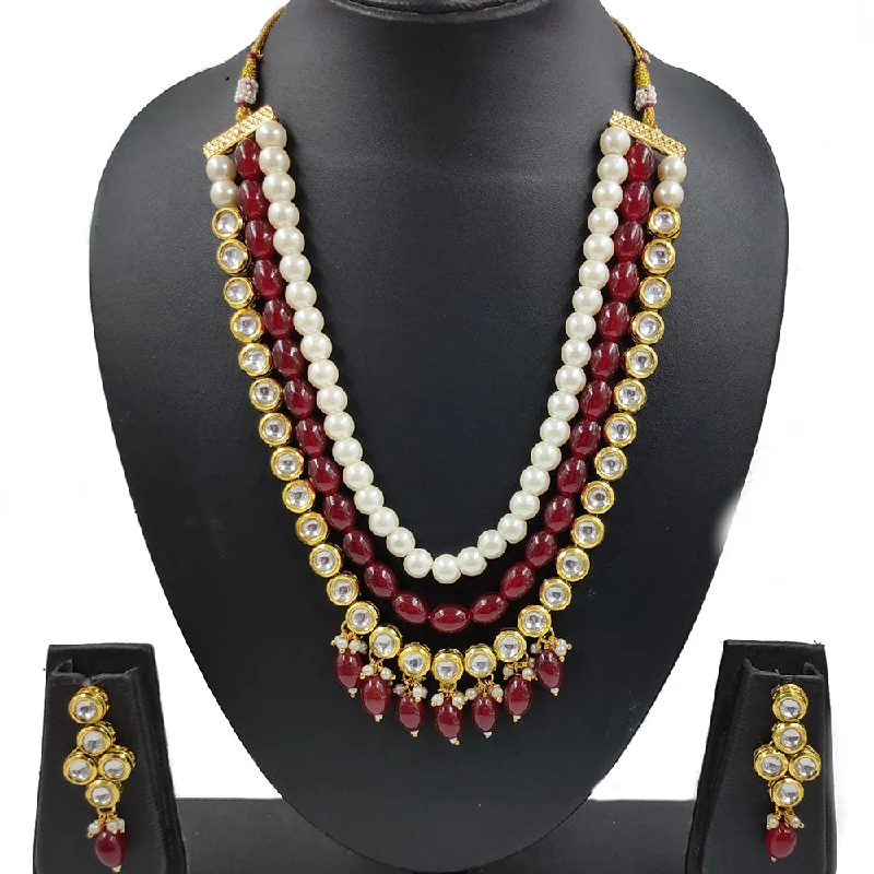 women's gemstone necklaces-Gehana Mahal Gold Plated Kundan And Beads Multi Layer Necklace Set