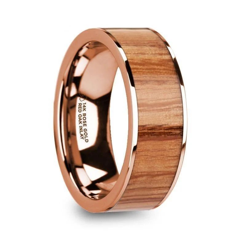 sapphire and diamond engagement rings-MILOS Polished Flat 14k Rose Gold Men’s Wedding Ring with Red Oak Wood Inlay - 8mm