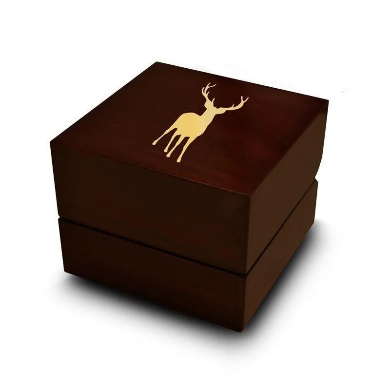 timeless engagement rings-Deer Stag Fawn Elk Print Engraved Chocolate Dark Wood Personalized Wooden Wedding Ring Box