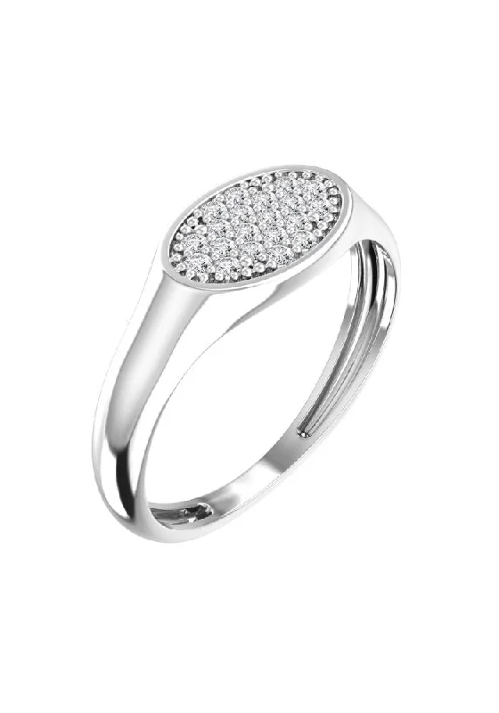 women's luxury diamond rings-Oval Pavé Signet 18K White Gold Ring w. Lab-Grown Diamonds