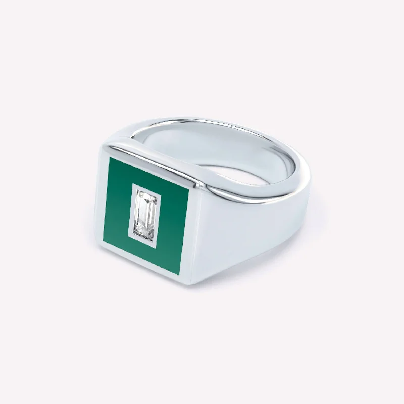 women's anniversary rings-Eternity Green 14K Whitegold Signet Ring w. Lab-Grown Diamond