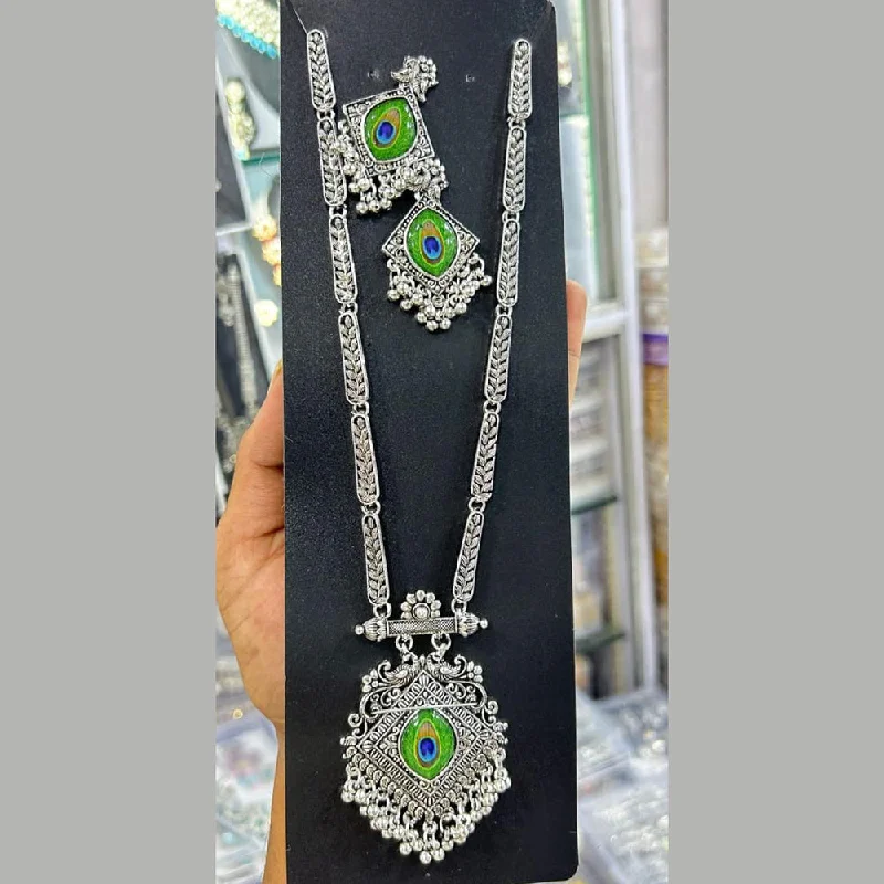 women's elegant necklaces-Kavita Art Oxidised Plated Long Peacock Style Necklace Set