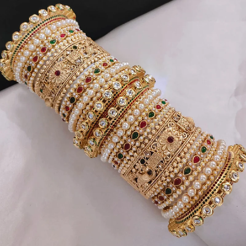 women's gemstone bangle bracelets-Akruti Collection Gold Plated Pota Stone And Pearl Openable Bangle Set