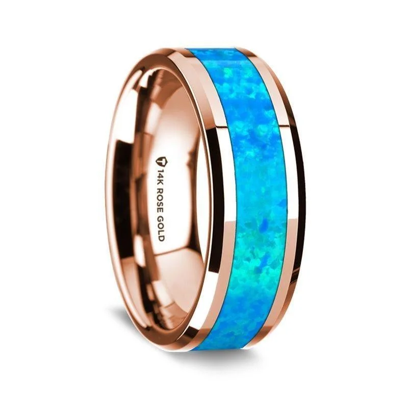 engagement rings with white diamonds-14K Rose Gold Polished Beveled Edges Wedding Ring with Blue Opal Inlay - 8 mm