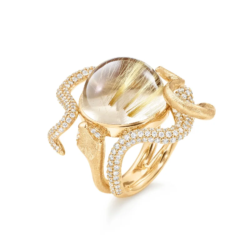 women's recycled rings-Snakes Pavé 18K Gold Ring w. Quartz & Diamonds