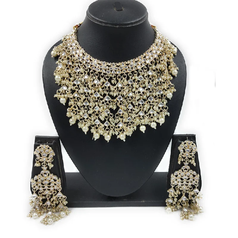 women's chunky statement necklaces-Gehana Mahal Gold Plated Kundan And Pearl Necklace Set