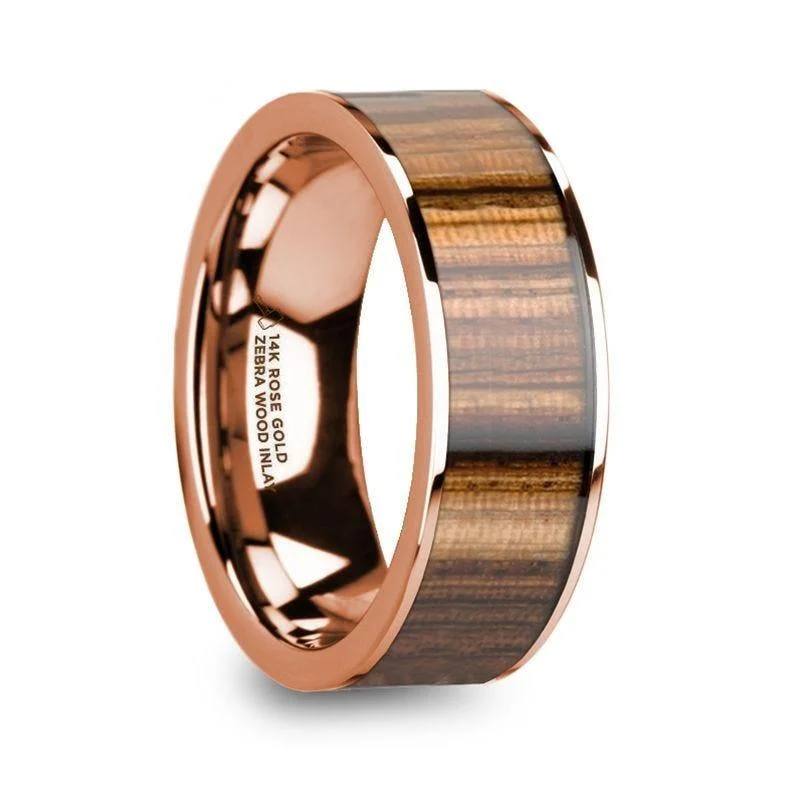 princess cut diamond engagement rings-MAHAIL Men’s Polished 14k Rose Gold & Zebra Wood Inlay Flat Wedding Ring - 8mm