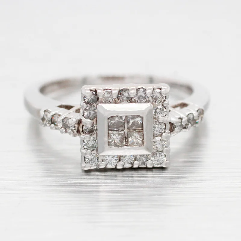 women's gold engagement rings-Vintage 0.35ctw Diamond Cocktail Ring - 14k White Gold Square Halo Setting