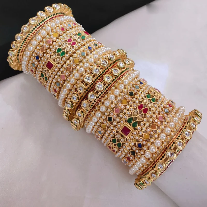 women's romantic bracelets-Akruti Collection Gold Plated Kundan Stone And Crystal Stone Pearls Bangles Set