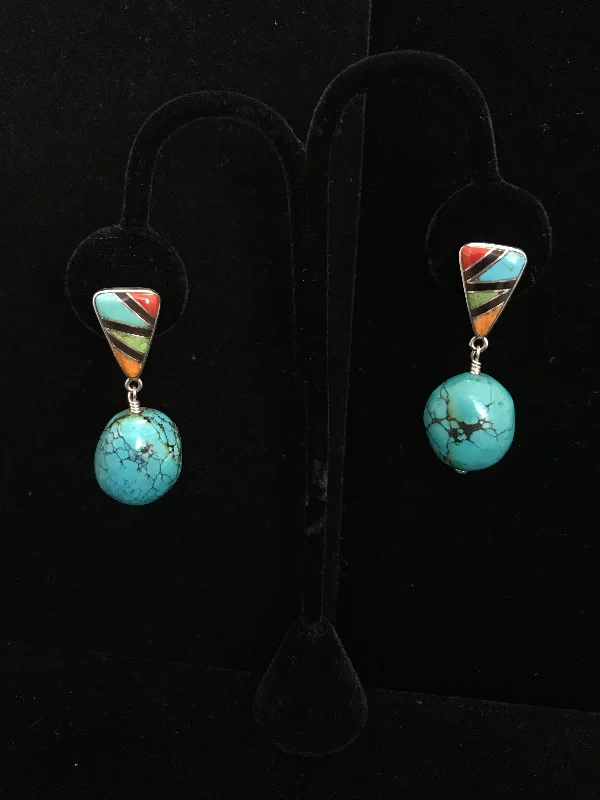 women's dangly earrings-Turquoise Drops with Inlayed Tops