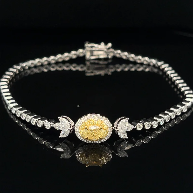 women's bohemian bracelets-Fancy Yellow & White Diamond 1.31ctw Leaf Cluster Tennis Bracelet in 18k Two-Tone Gold - #380 - BRDIA090773