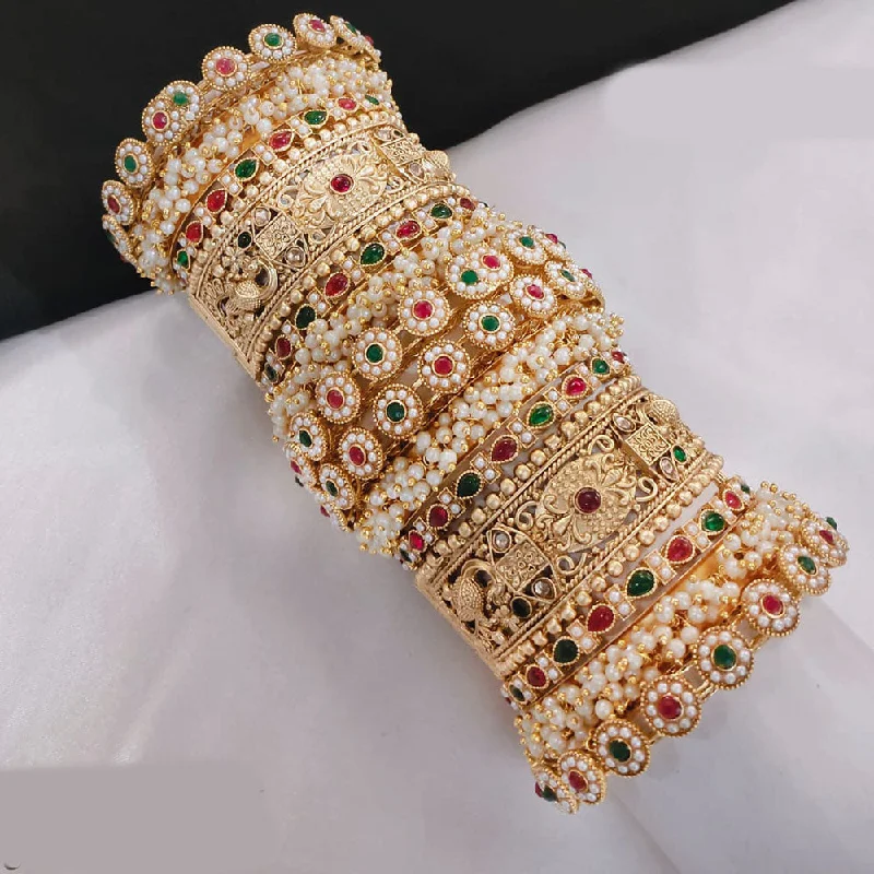 women's friendship bracelets-Akruti Collection Gold Plated Pota Stone And Pearl Openable Bangle Set