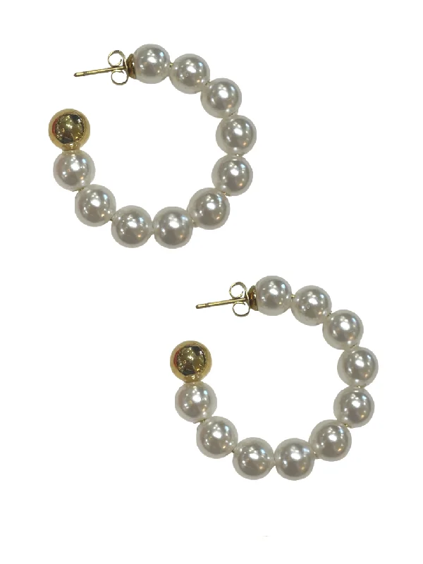 women's custom earrings-Pearl and Gold Hoops