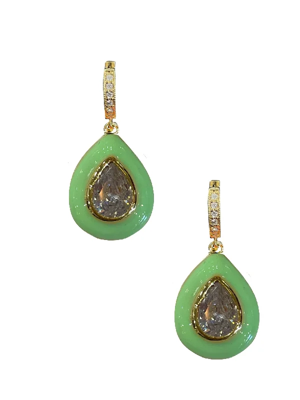 women's small hoop earrings-Mint Enamel Bezel Teardrop Huggies