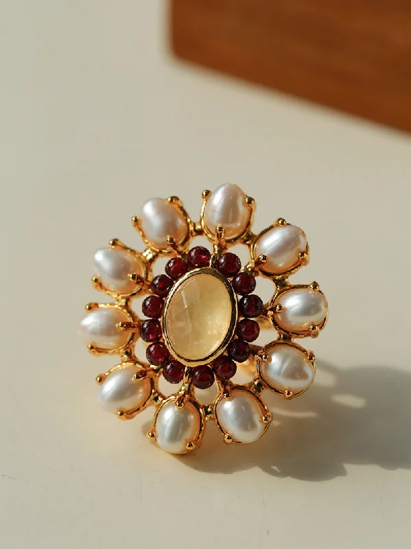 women's 18k gold rings-Natural Baroque Pearl Red Garnet Inlaid Open Ring