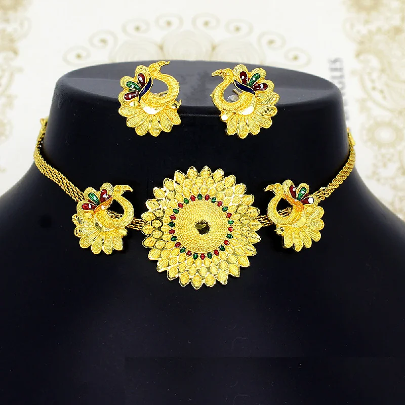 women's gemstone necklaces-Mahavir Dye Gold Pearl Peacock Choker Necklace Set