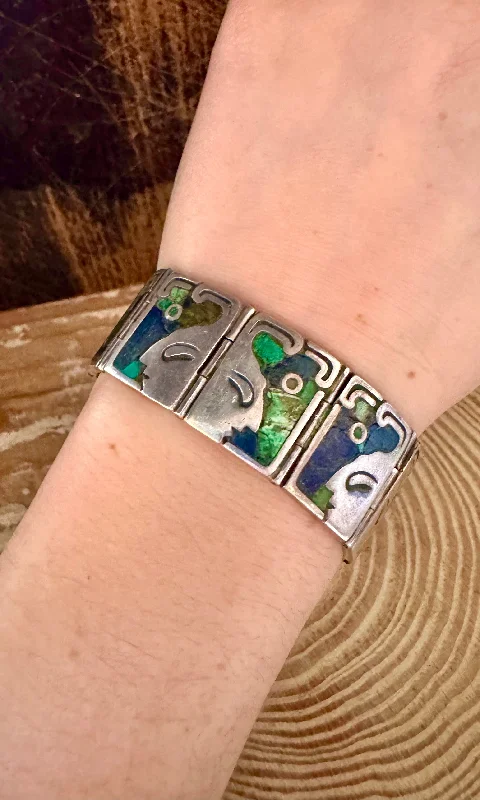 women's cuff bangles-LOS CASTILLO 60s Lapis and Turquoise Sterling Silver Aztec Bracelet