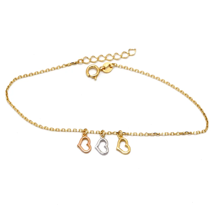 women's personalized bangles-Real Gold Luxury 3-Color 3-Heart Dangler Charm Bracelet - Model 8410 BR1671