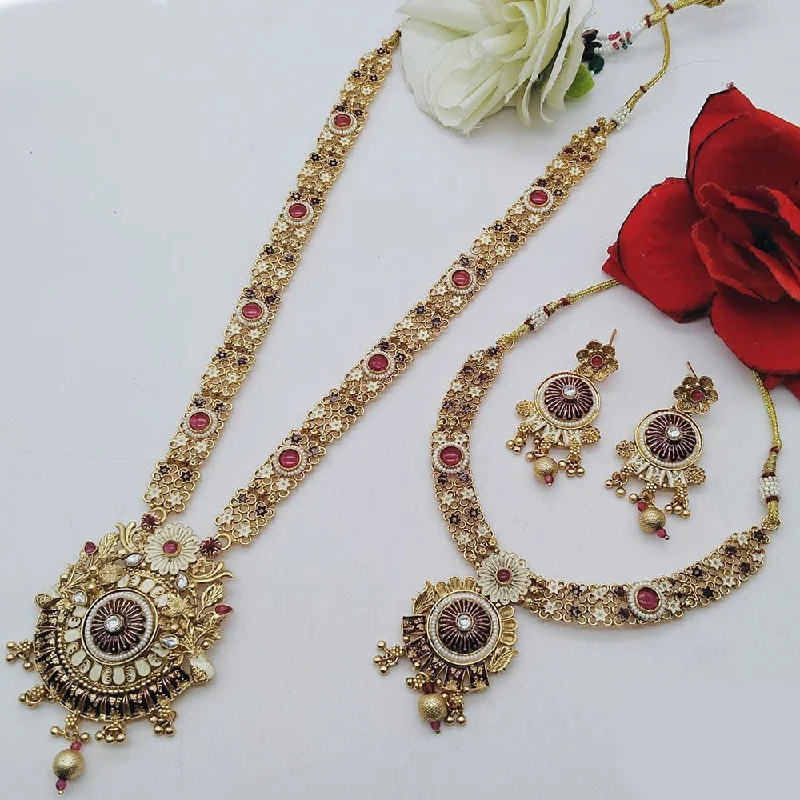 women's star necklaces-FS Collection Gold Plated Pota Stone Double Meenakari Necklace Set