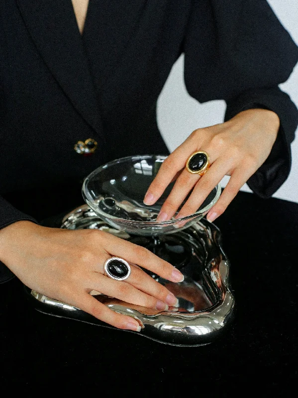 women's designer rings-Fashion Oval Black Agate Open Ring