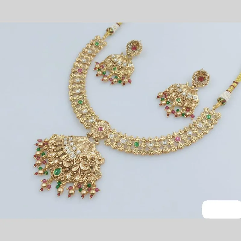 women's vintage diamond necklaces-Rani Sati Jewels Gold Plated Pota Stone And Pearl Necklace Set