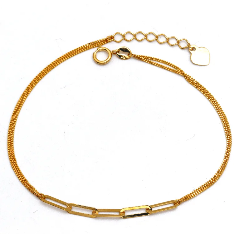 women's eco-friendly bracelets-Real Gold Dual Chain Paper Clip with Dangler Heart Adjustable Size Bracelet 0113 BR1646