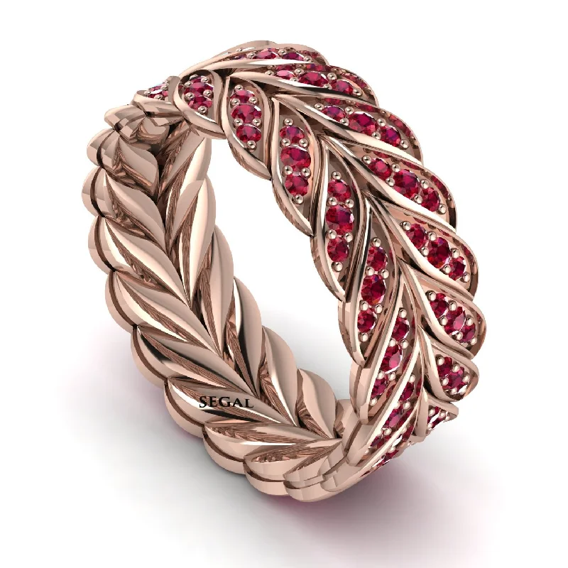 solitaire engagement rings-Ruby Eternity Leaf Gold Wedding Ring - Kara No. 11