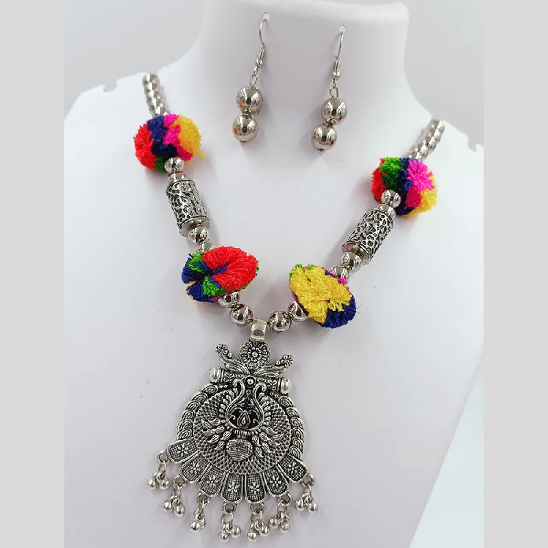 women's engraved necklaces-Kavita Art Oxidised Plated Navratri Special Pom Pom Necklace Set