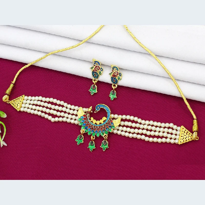 women's infinity necklaces-Mahavir Dye Gold Pearl Peacock Choker Necklace Set