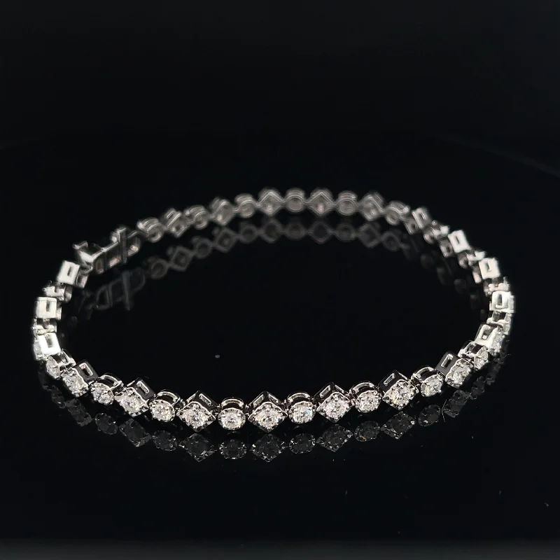 women's moon bracelets-Diamond Square & Round Link Tennis Bracelet in 18k White Gold - (#42-HBDIA000248)