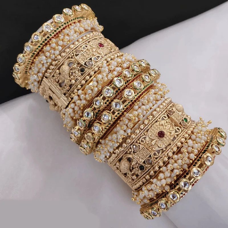 women's celestial bracelets-Akruti Collection Gold Plated Pota Stone And Pearl Openable Bangle Set