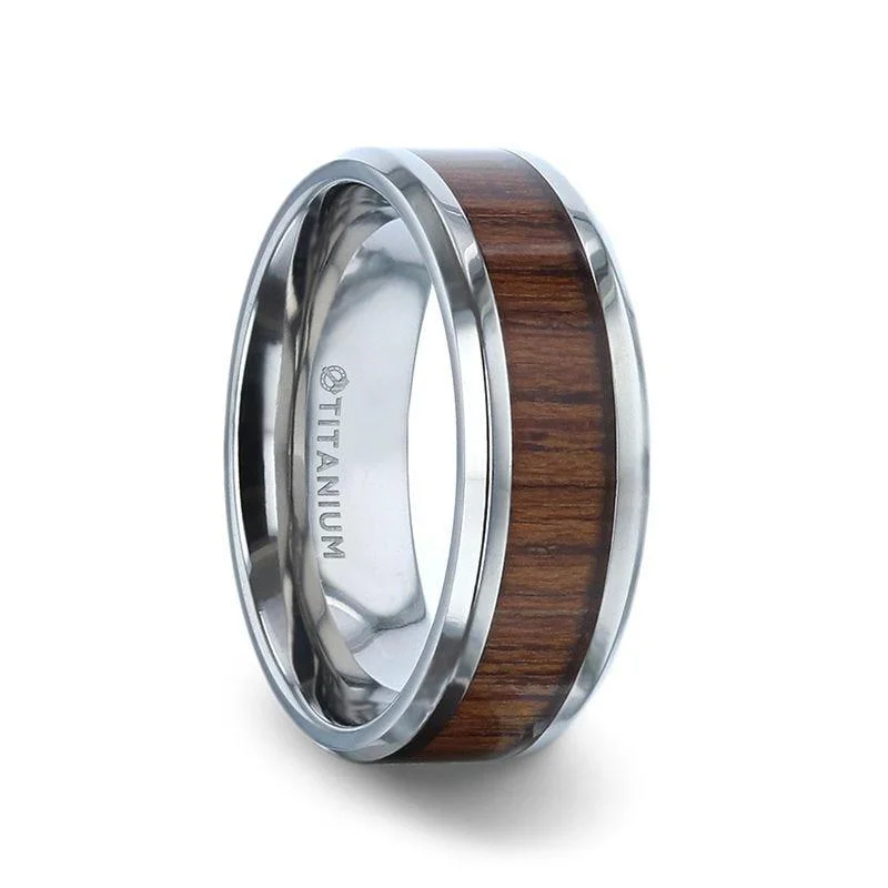 halo-style engagement rings-TECTON Teak Wood Inlaid Flat Polished Finish Titanium Men's Wedding Ring With Beveled Edges - 8mm