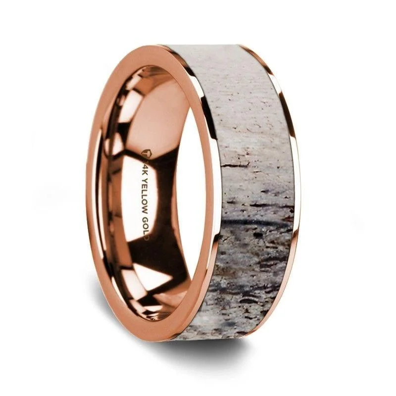 three-stone engagement rings-Flat Polished 14K Rose Gold Wedding Ring With Ombre Deer Antler Inlay - 8 mm