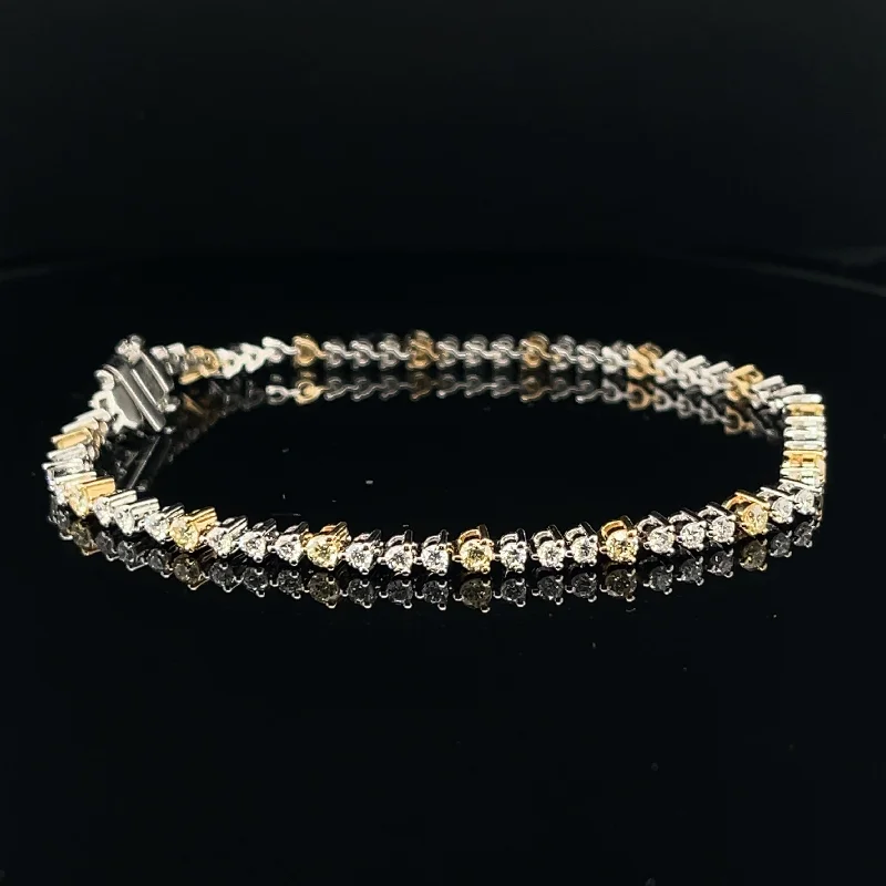 women's woven bracelets-Fancy Yellow & White Diamond Slim Three Prong Tennis Bracelet in 18k Two Tone Gold - (#134-JB0111GP - 09)