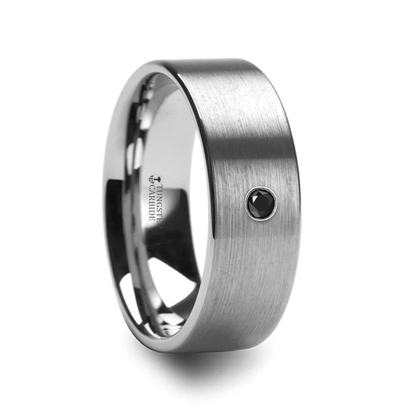 affordable engagement rings-IRENAEUS Flat Brushed Tungsten Men’s Wedding Ring with Black Diamond - 6mm & 8mm