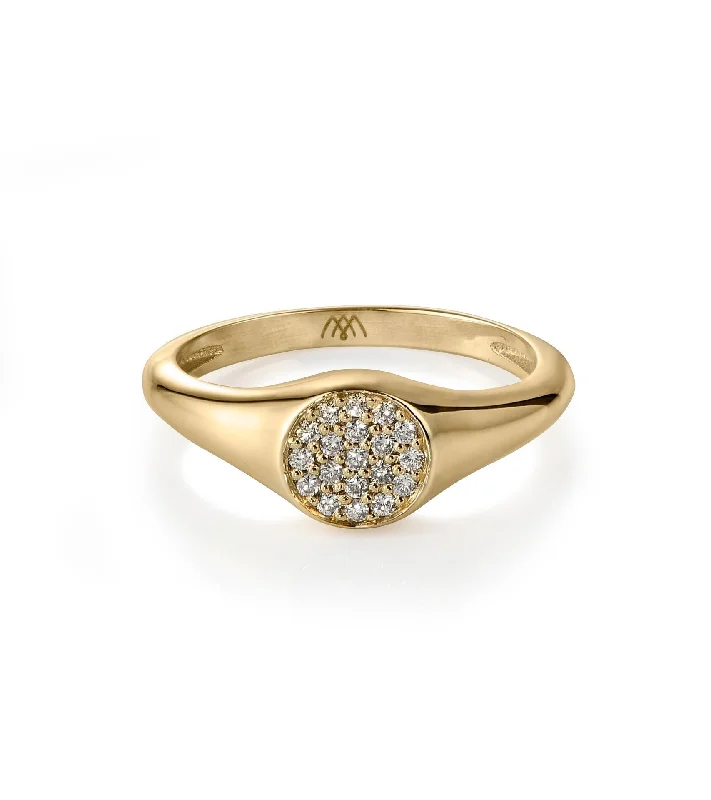 women's luxury rings-Diamond Disk 18K Gold Signet Ring