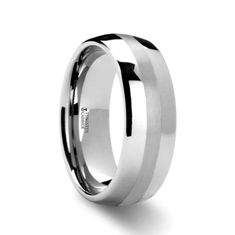 engagement rings with wedding bands-PONTUS Platinum Inlaid Domed Tungsten Wedding Ring - 6mm & 8mm