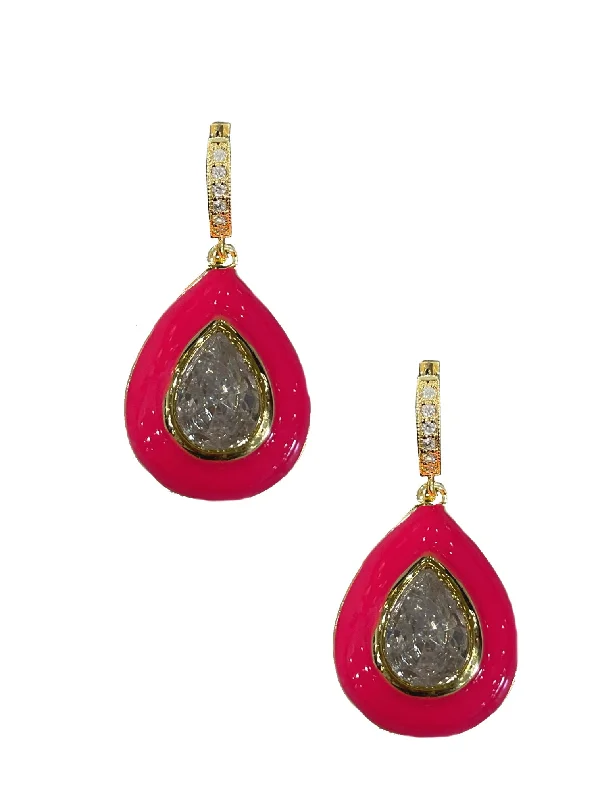 women's art deco earrings-Fuschia Enamel Bezel Teardrop Huggies