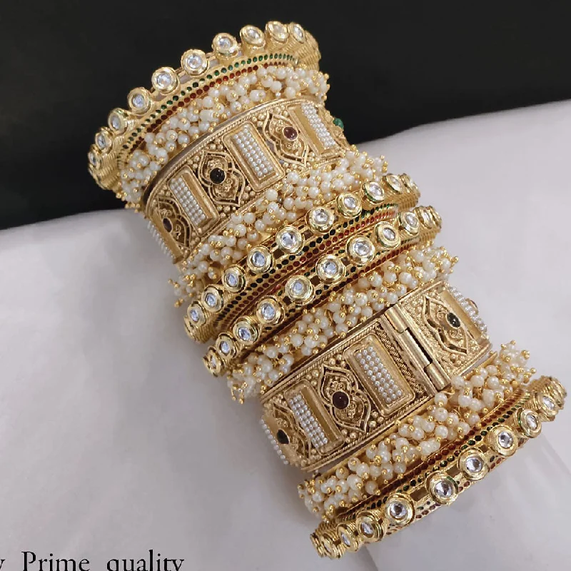 women's luxury gold bangles-Akruti Collection Gold Plated Pota Stone And Pearl Openable Bangle Set