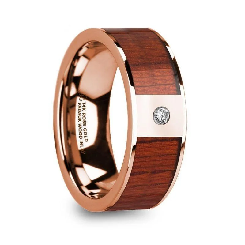 rose gold diamond engagement rings-NIKANDROS Men’s 14k Rose Gold Polished Wedding Ring with Padauk Wood Inlay & Diamond - 8mm