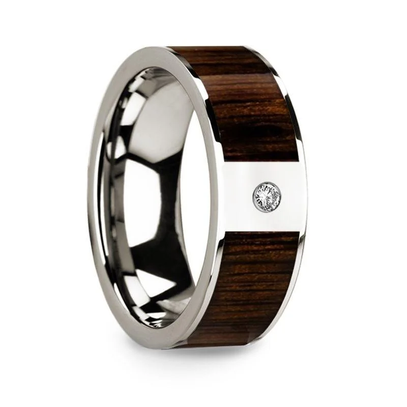 princess cut engagement rings-Men’s Polished 14k White Gold & Black Walnut Inlay Wedding Ring with Diamond - 8mm