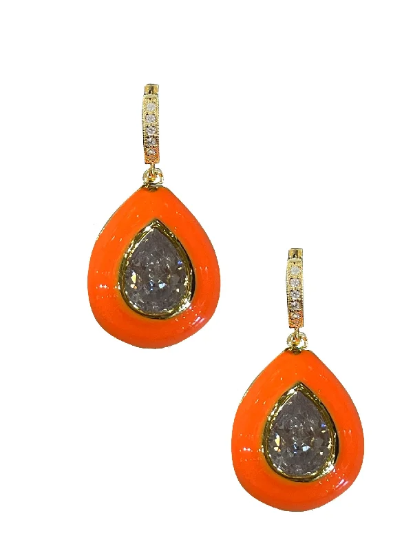 women's ethnic earrings-Orange Enamel Bezel Teardrop Huggies