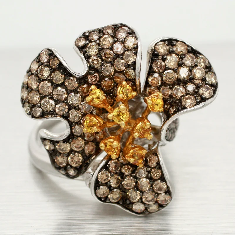 women's promise rings-Samuel Benham Citrine & Champagne Diamond Flower Ring - 14k White Gold