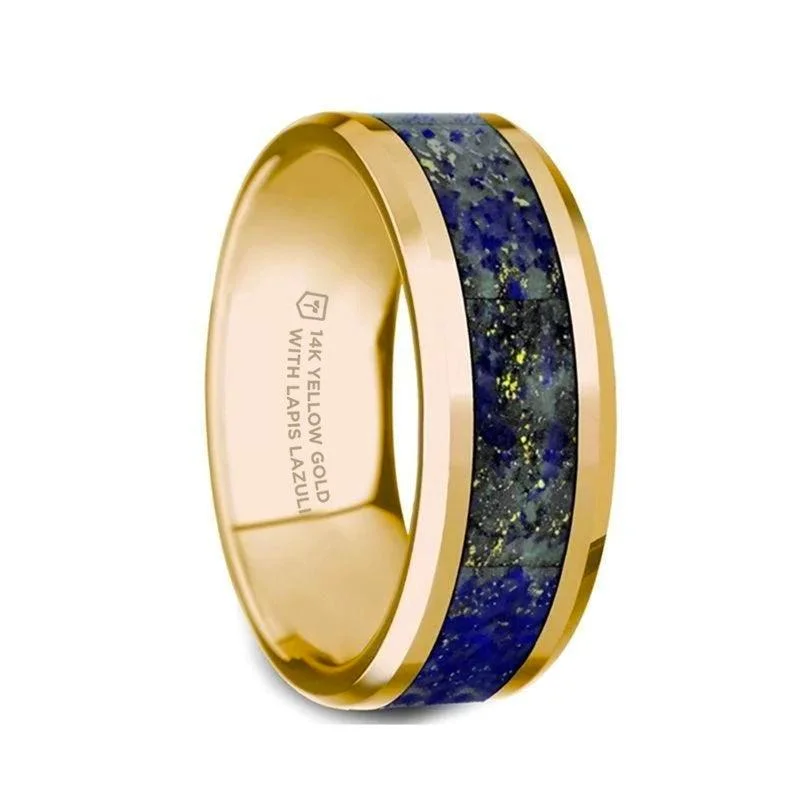 engagement rings with wedding bands-LAZARUS 14k Yellow Gold Polished Beveled Edges Men’s Wedding Ring with Blue Lapis Lazuli Inlay - 8mm