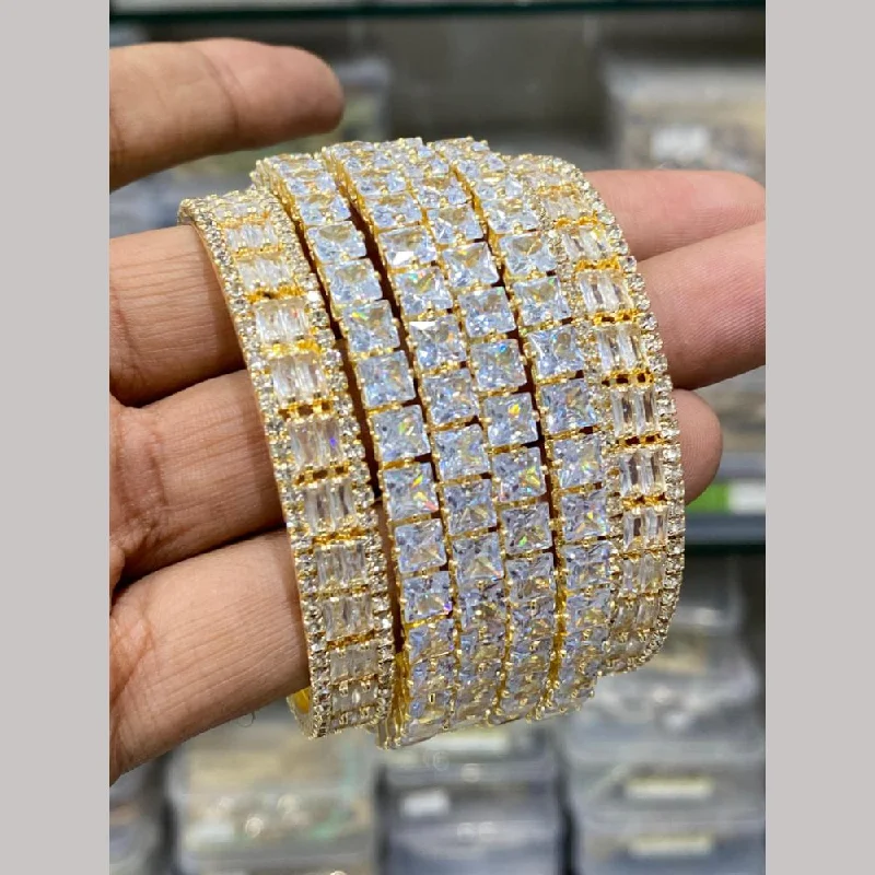 women's engraved bracelets-Hira Collections Gold Plated American Diamond Bangles Set