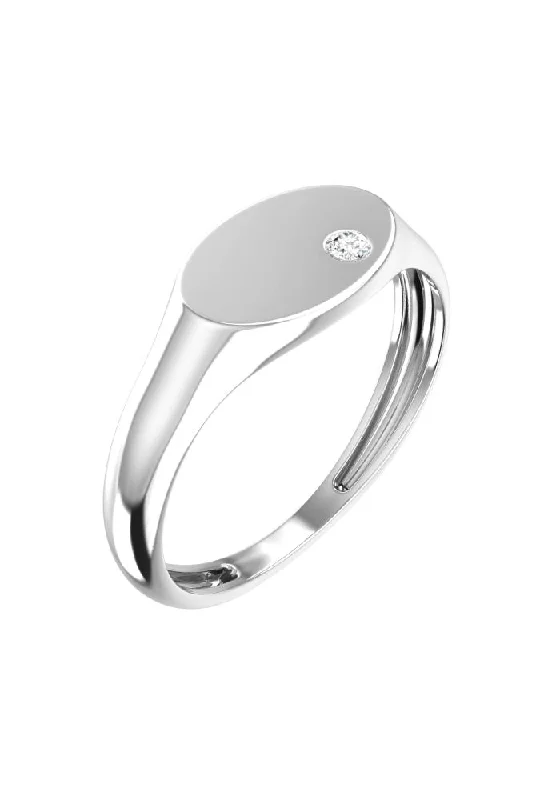 women's modern rings-Oval Signet 18K White Gold Ring w. Lab-Grown Diamond